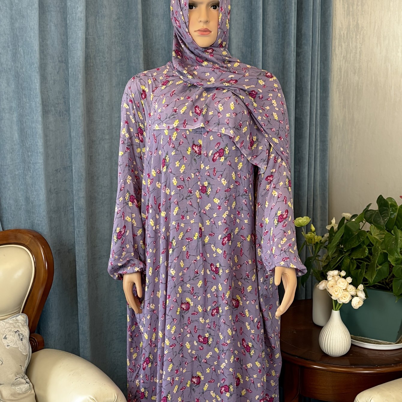 Plus Size Hooded Abaya with Lantern Sleeves Full-Length Cover Dress Ramadan Eid