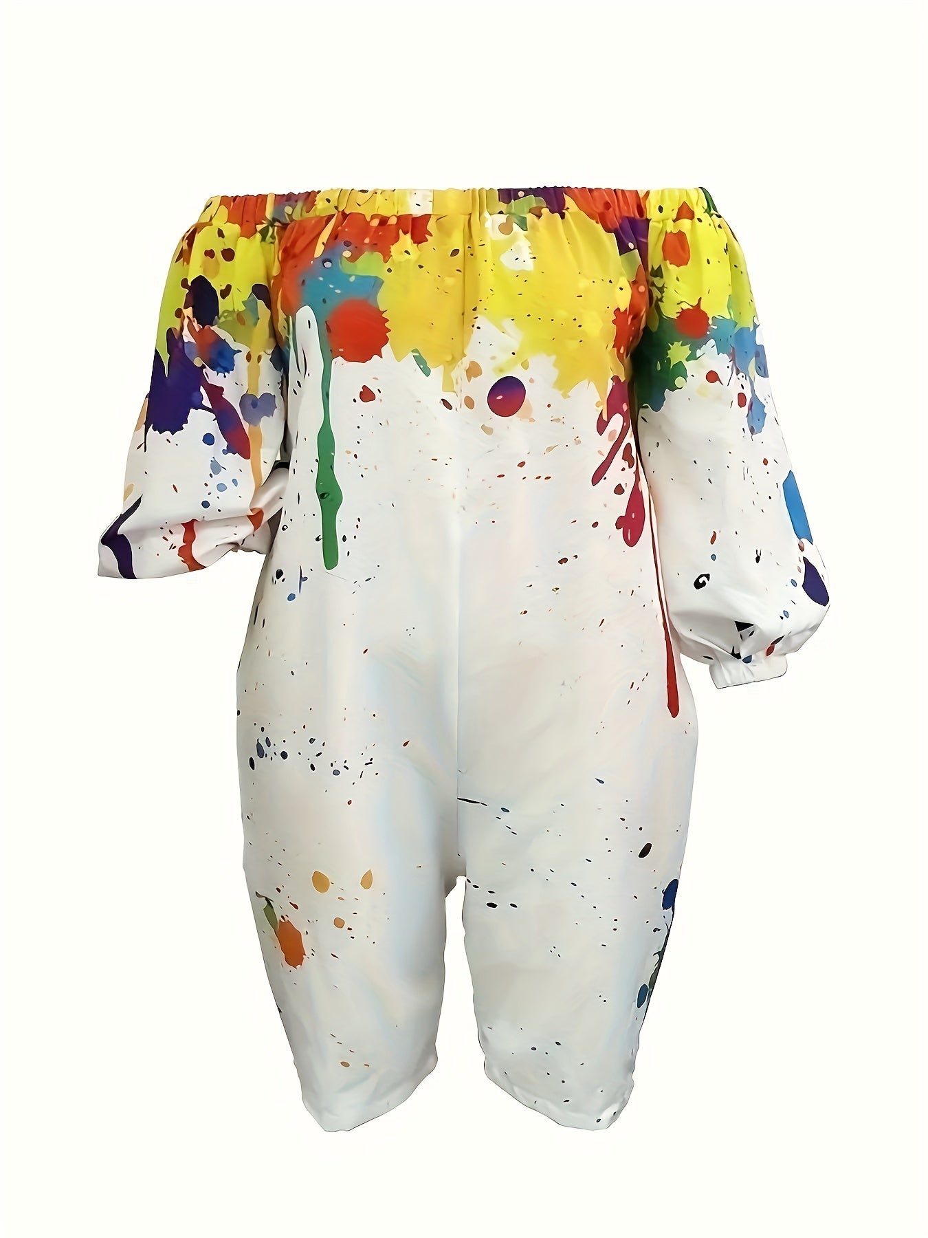 Women's Plus Size Splash Ink Print Off Shoulder Romper Long Sleeve Casual Clothing