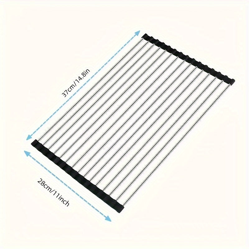 Складная сушилка для посуды из нержавеющей стали, предназначенная для кухонной мойки. Складывается и регулируется для размещения тарелок и столовых приборов любого размера. Имеет дренажную полку для кухонной столешницы.