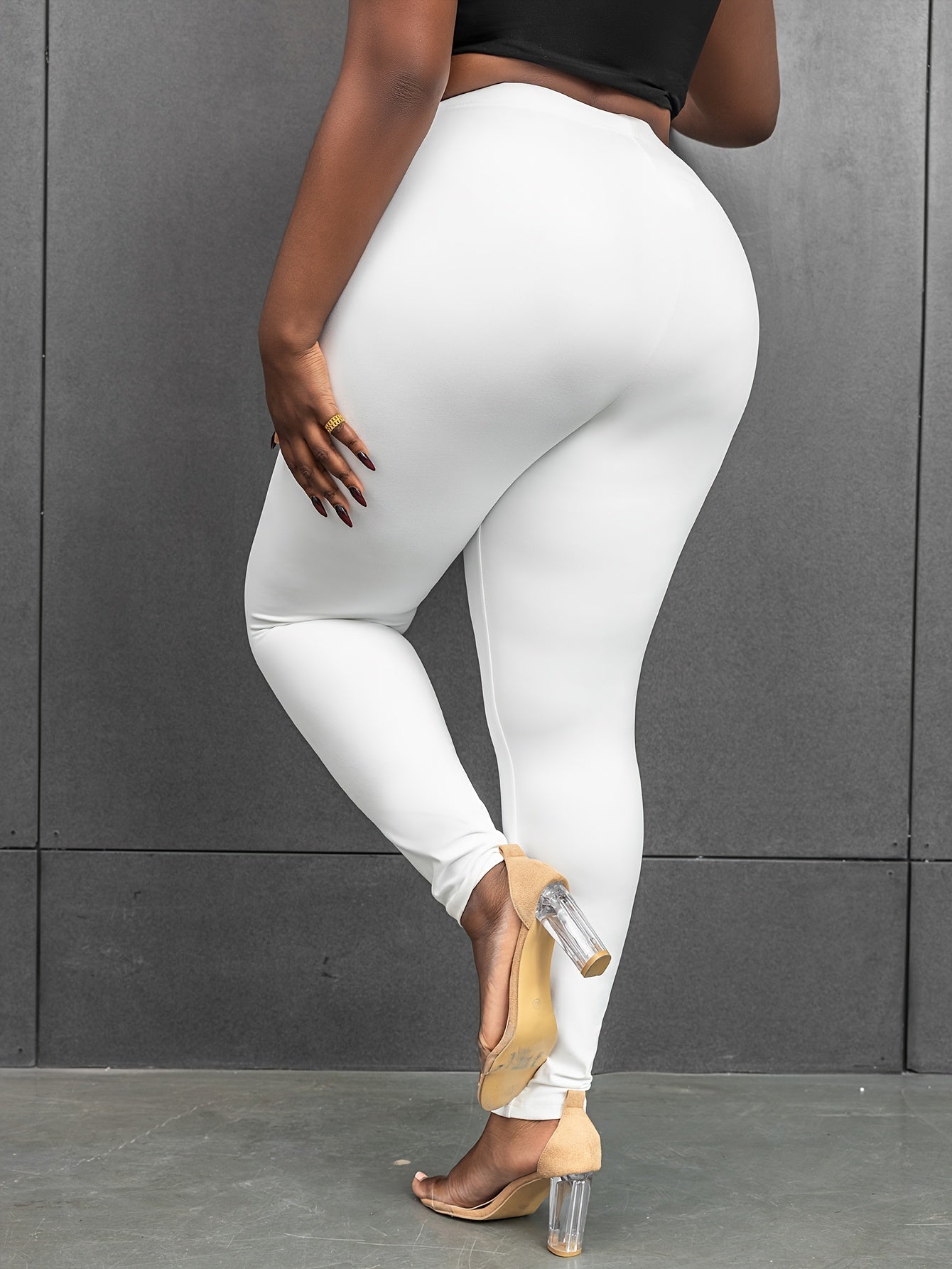 Plus Size High-Waisted Leggings Solid Color Non-See-Through Polyester Women