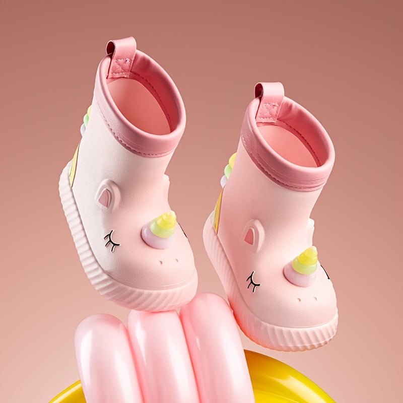 Girls Waterproof Unicorn Rain Boots Pink White EVA Non-Slip Short Casual Outdoor Fall Winter