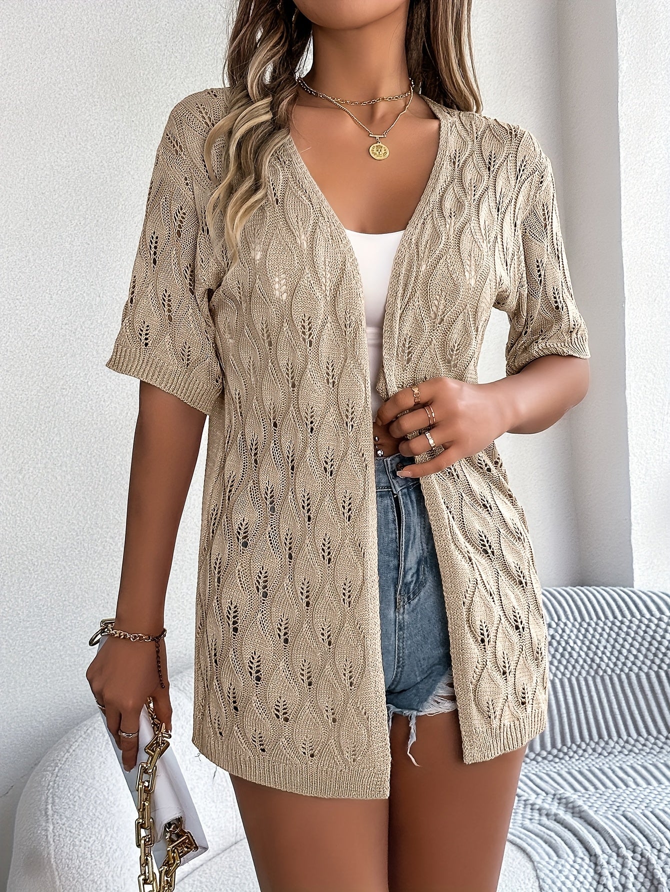 Women's Hollow-Out Beach Cardigan Lightweight Polyester Short Sleeve Summer Vacation Plus Size