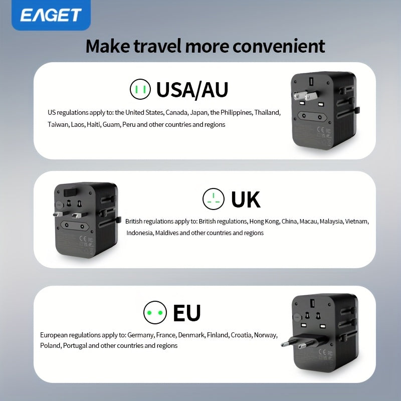 EAGET PD 20W Universal Sayohat Zaryadlovchisi 2 USB-A va 2 USB-C Port bilan, iPhone, Samsung, Vivo, Xiaomi uchun Tez Zaryad, Bir nechta Mamlakatlar uchun Barcha-in-Bir Socket Adapter, Siqilgan va Mustahkam.