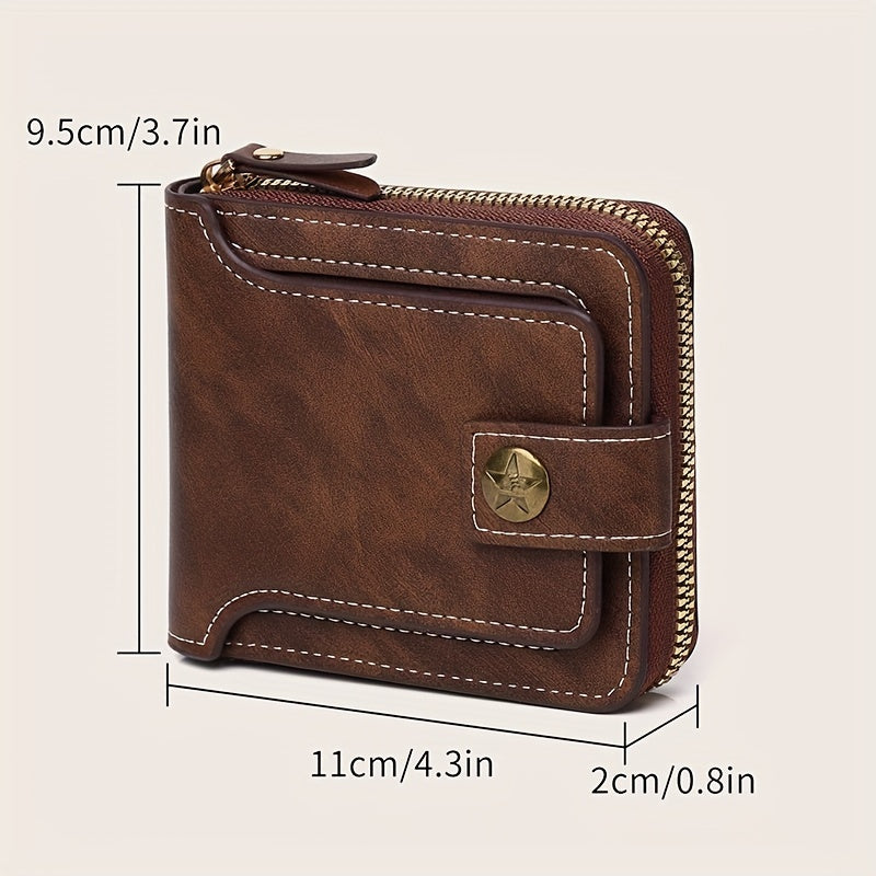 Men's PU Zipper Wallet with Button Decor Credit Card Holder Bifold Coffee