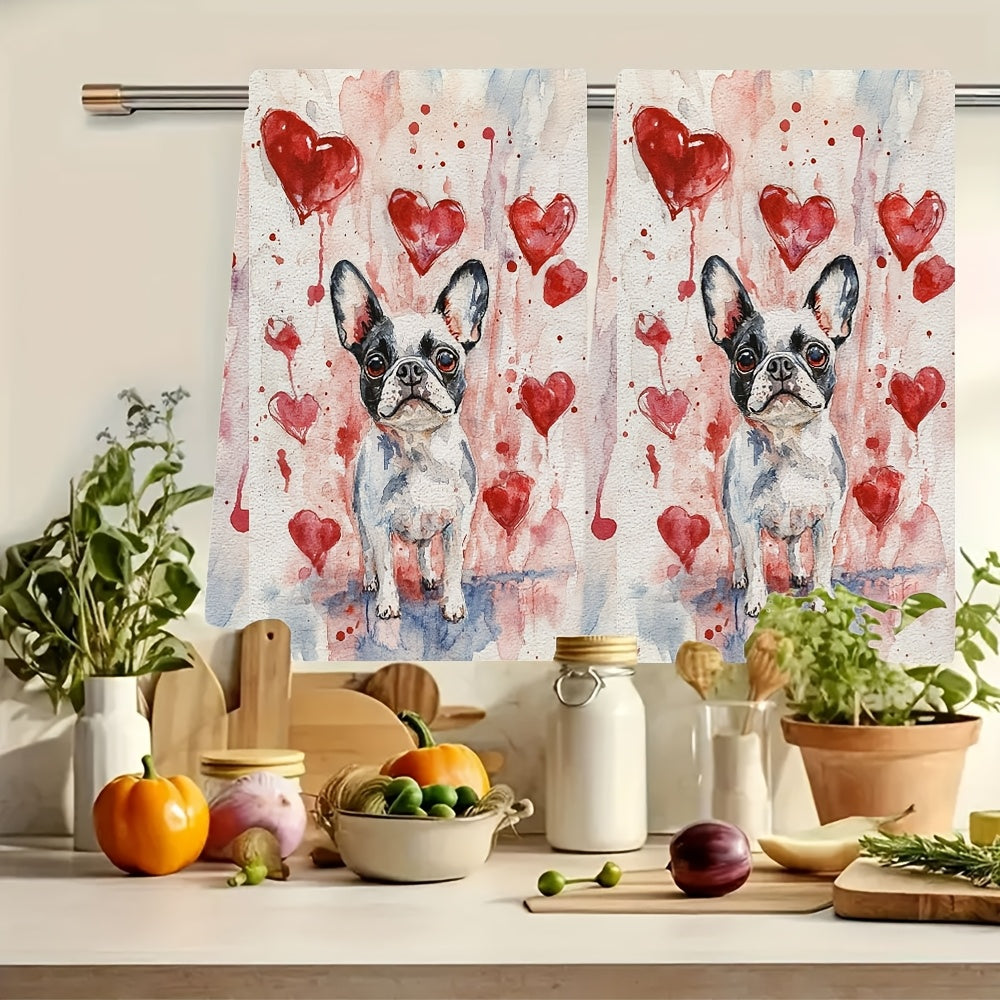 Two Pieces Kitchen Towels French Bulldog Heart Design Absorbent Quick-Drying