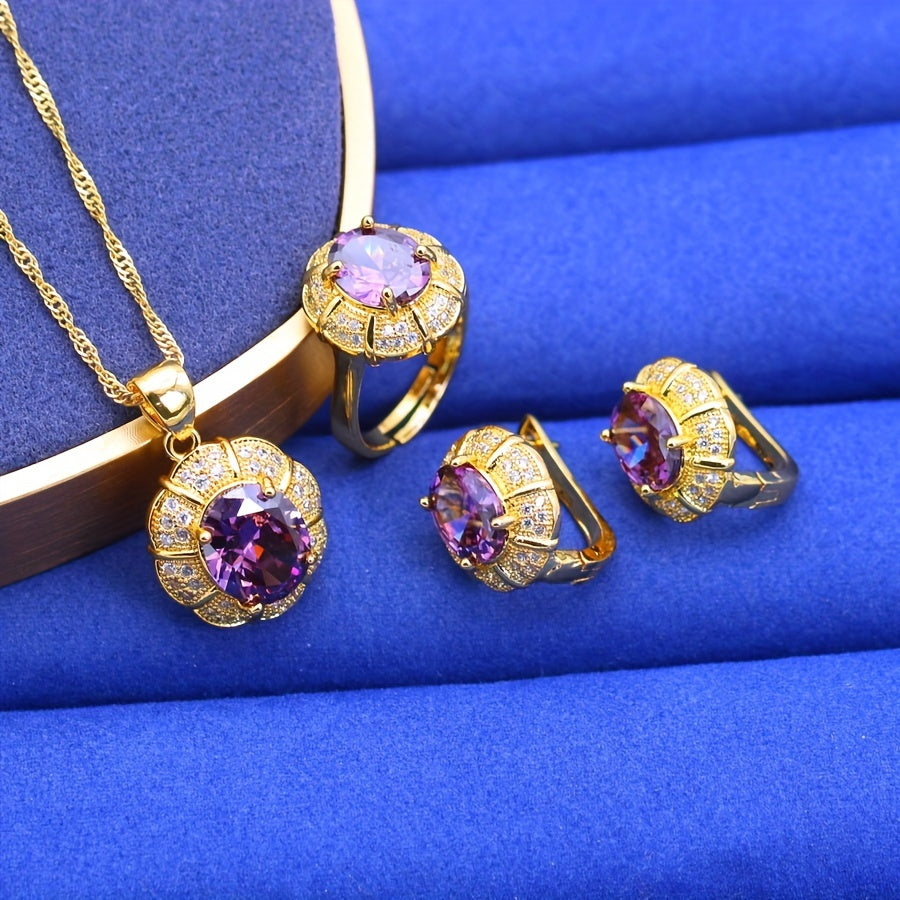 Purple Zirconia Jewelry Set for Women with Necklace Earrings Bracelet and Ring