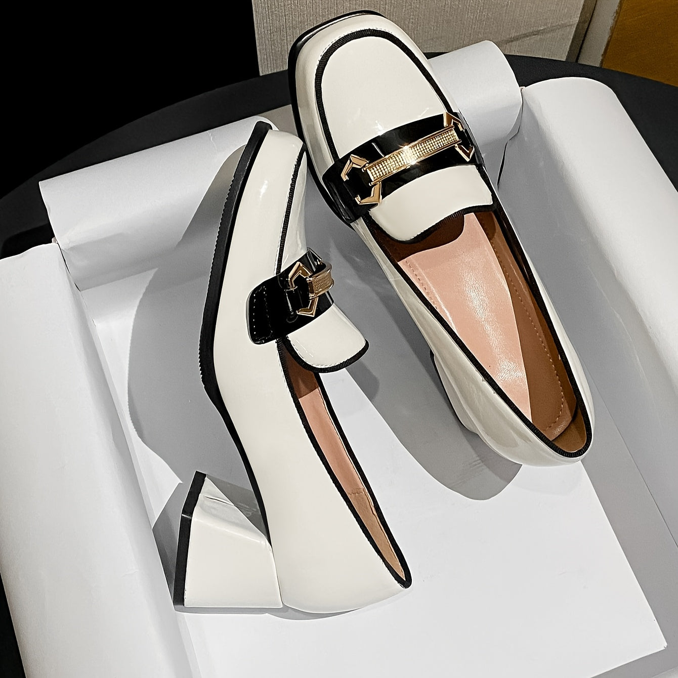 Women's Retro Square Toe High Heels Non-Slip Chunky Pumps PU Cover Rubber Sole