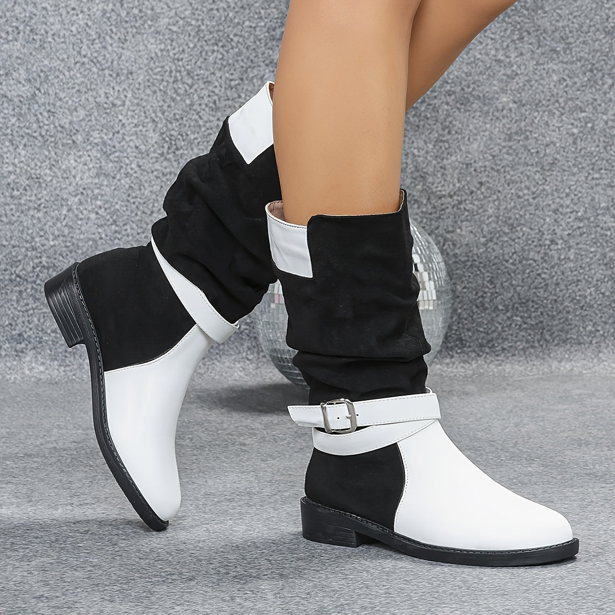 Women's Black White Color-Block Mid-Calf Boots with Heel & Buckle