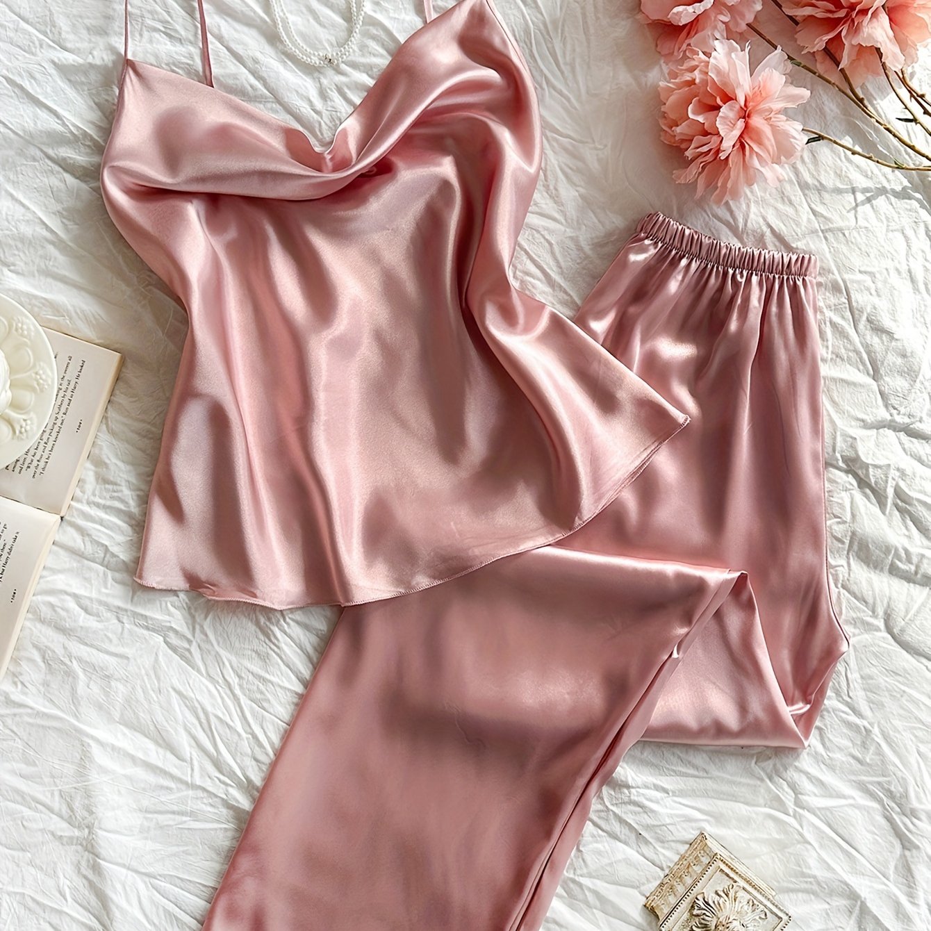 Women's Satin Pajama Set with Cowl Neck Backless Cami Top and Relaxed Fit Pants