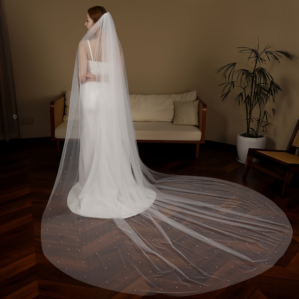 Wedding Veil with Comb Church Floor Long Triple Wide Rice Pearl Bridal Accessory