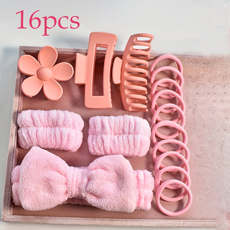 16-Piece Hair Accessory Set for Women and Girls Pink Black Bow Headbands Hair Clips Wristbands for Travel Spa Makeup Gifting
