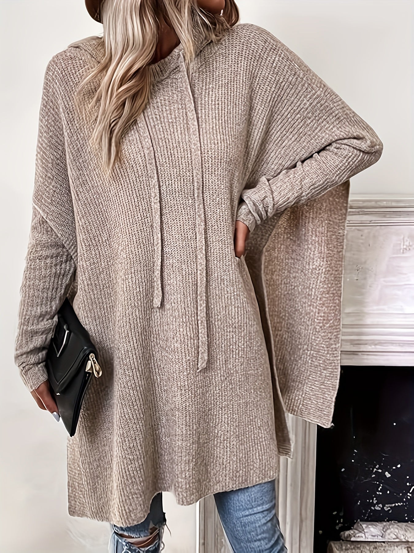 Women's Beige Hooded Sweater with Drawstring Batwing Sleeves