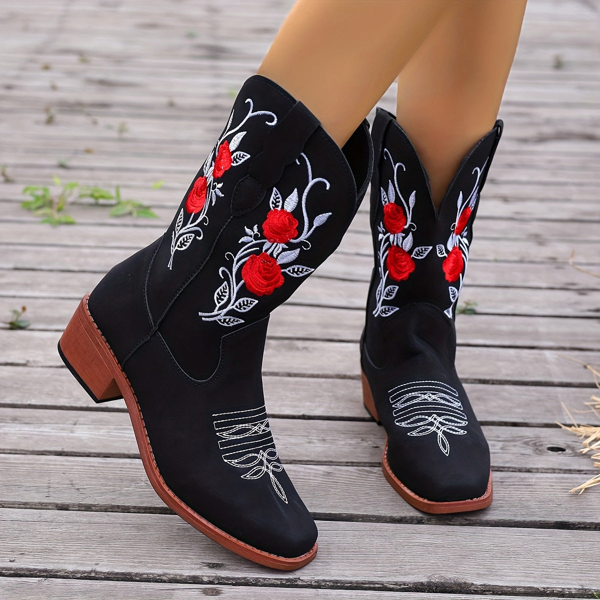 Women Embroidered Western Cowboy Boots Black Red Floral Mid-Calf Comfortable Slip-On