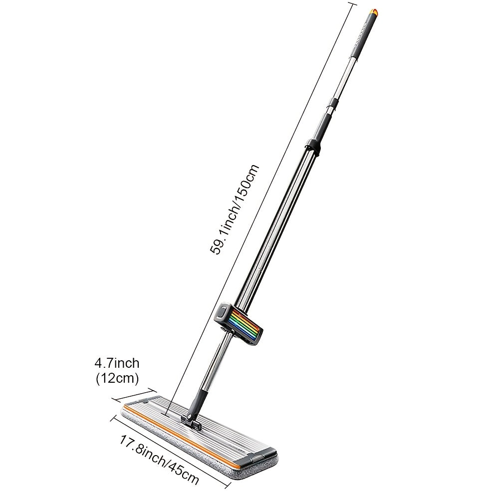 Rainbow Self-Wringing Flat Mop 360° Qoʻlni Boshqarishsiz Yuvish, Stainless Steel Qoʻlqop, 4 Qayta Ishlatiladigan Mikrofiber Yostiq - Yashash xonasi, Yotoqxona, Vannaxona, Oshxona polini tozalash uchun ideal - Plastik Hoʻl va Quruq Mop, oʻlchami 45.21 sm