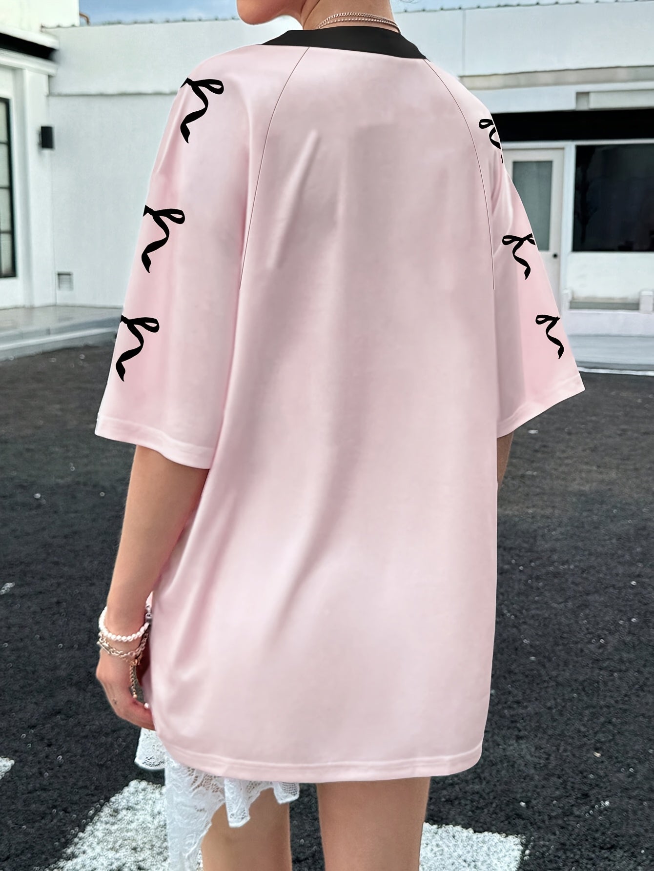 Women's Black V-Neck T-Shirt with Bow and Number Print Casual Short Sleeve Polyester