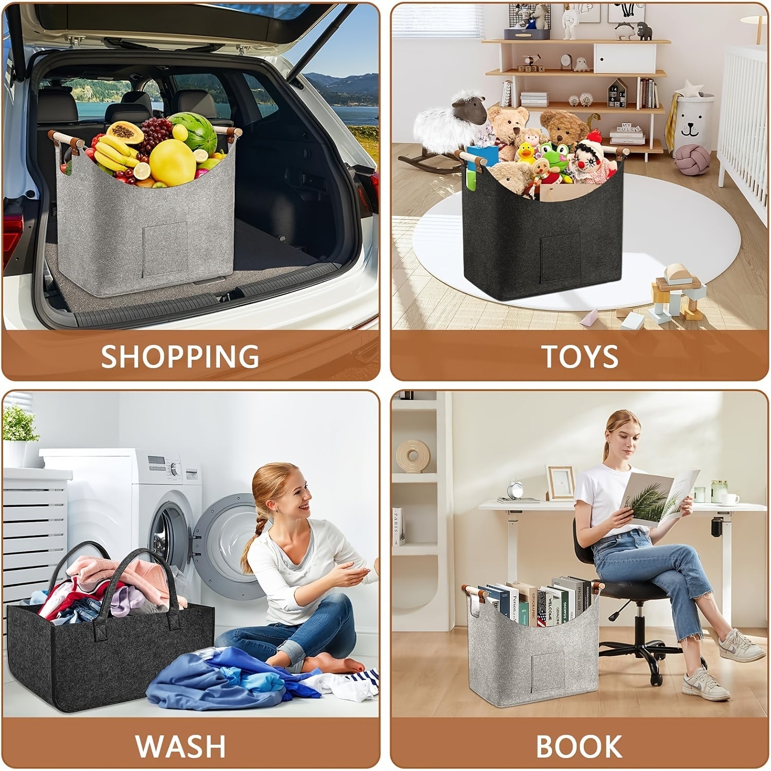 Складной и прочный светло-серый органайзер для покупок, дров, газет и дров с усиленной деревянной ручкой - 1 шт., корзина для хранения дров из очень толстого фетра