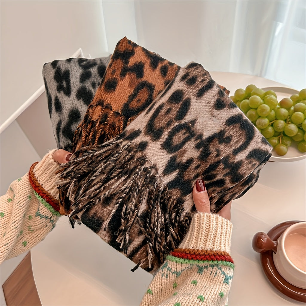 Women's Leopard Print Scarf Polyester Tassel Shawl for Autumn Winter