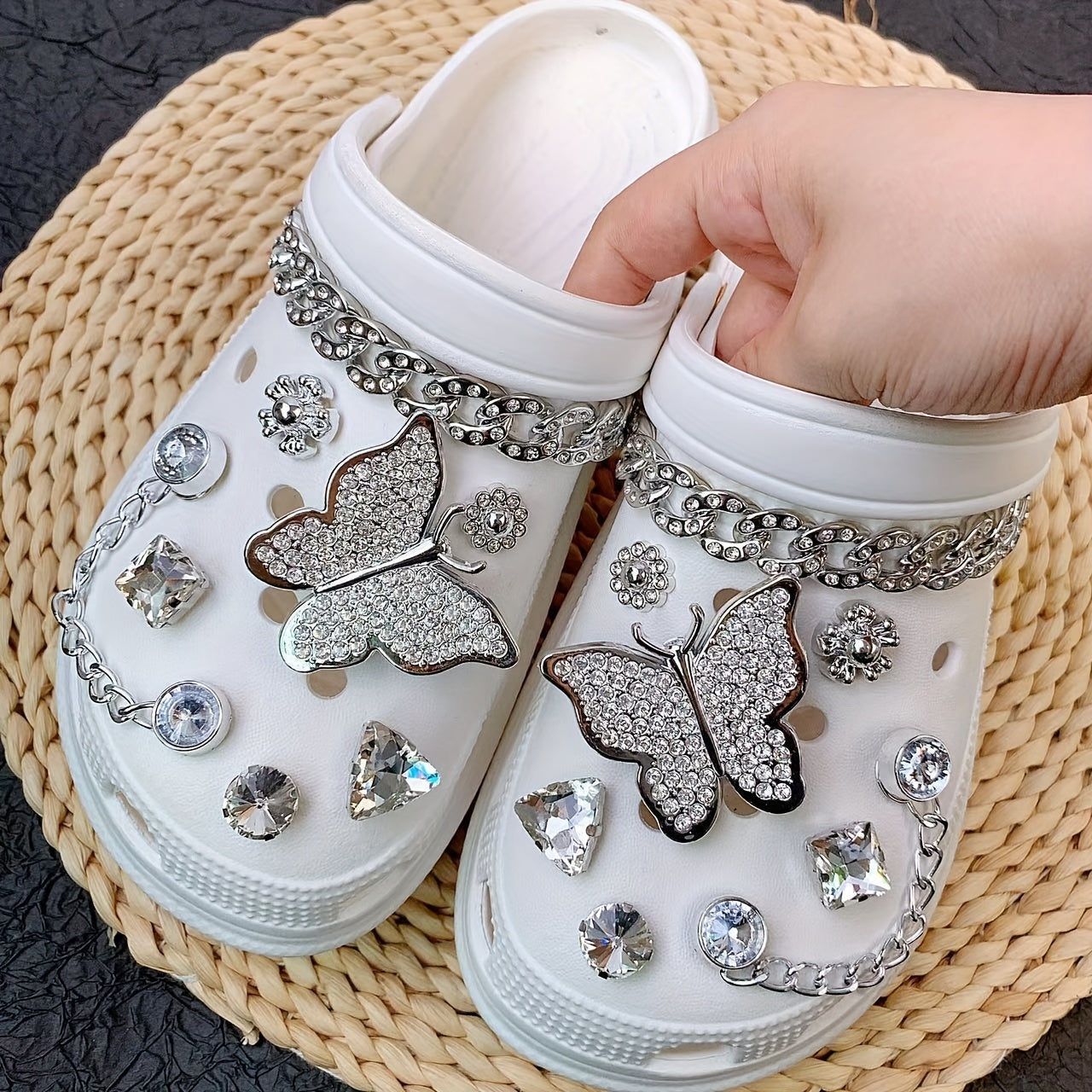 Women Shoe Accessories Set 14/16pcs Bone Butterfly Sunflower Chains for Hole Shoes