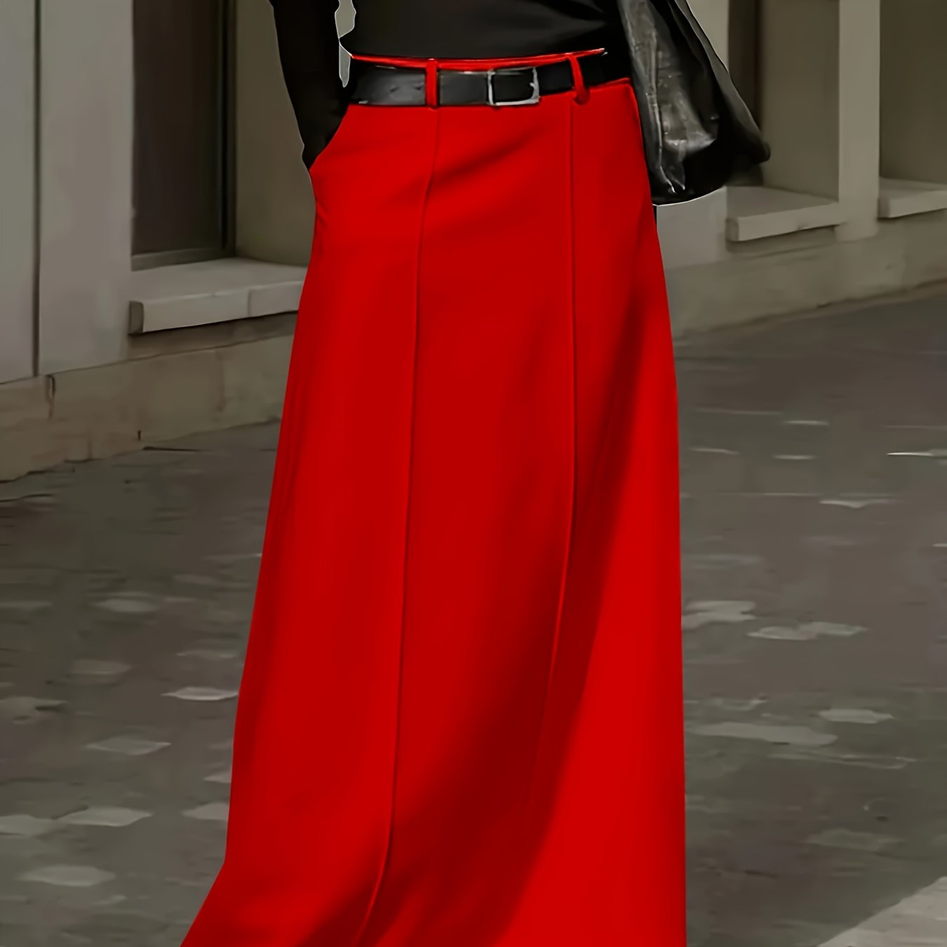 Vestido maxi rojo de talla grande con bolsillos, poliéster, estilo acampanado, ropa casual