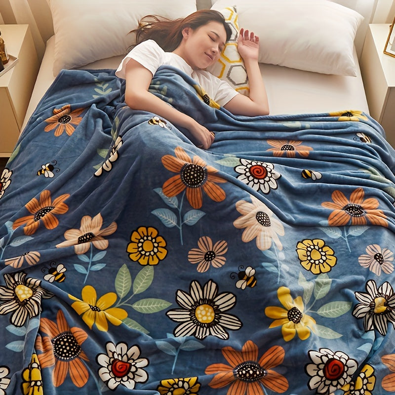 Contemporary Floral Fleece Throw Blanket Knitted Polyester All-Season Bed Couch Travel