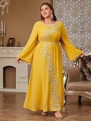 Plus Size Embroidered Kaftan Dress Navy Blue Golden Floral Formal Evening Gown