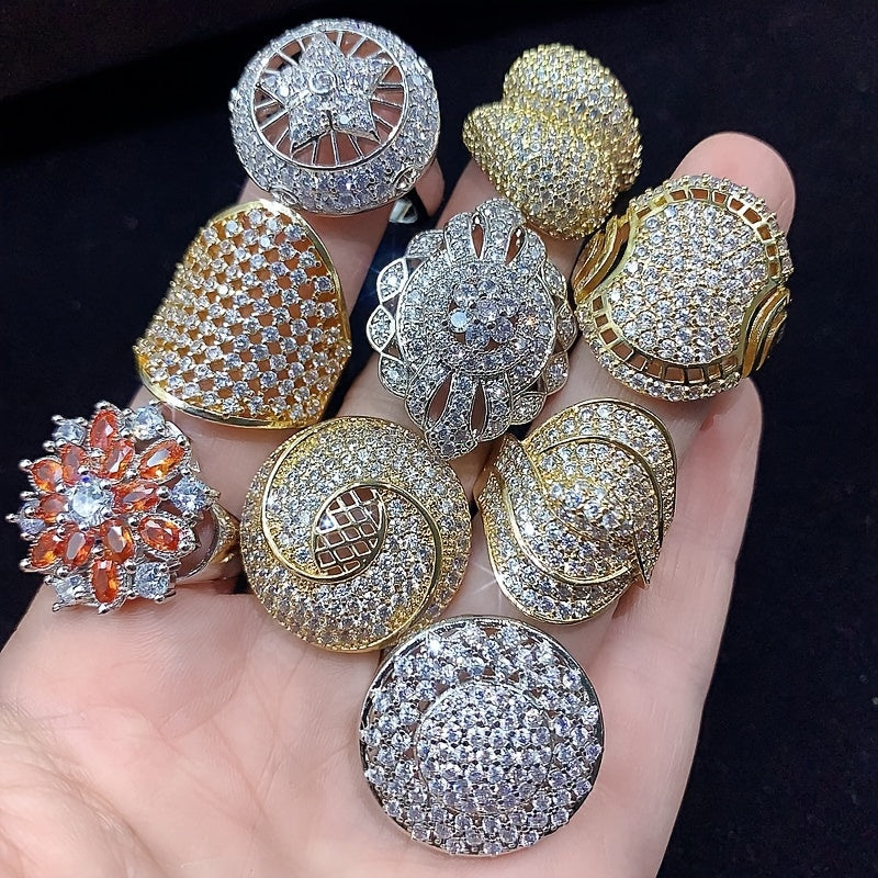 Set of 10 Women's Synthetic Zirconia Inlaid Copper Rings Elegant High-End Style for Weddings Parties and Daily Wear