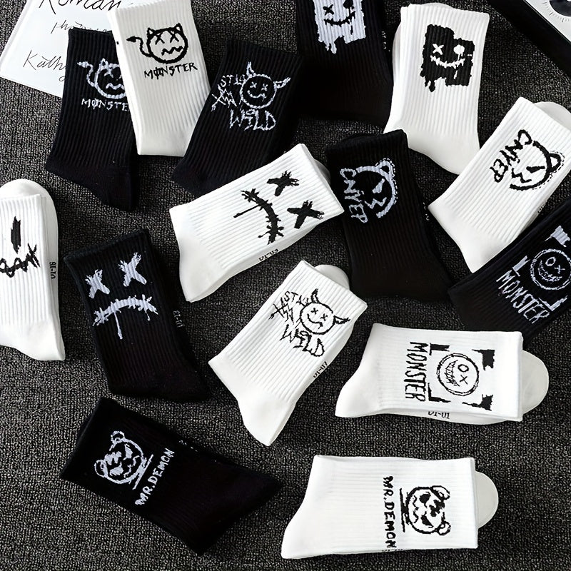 Men's Black and White Graffiti Pattern Crew Socks 5 Pairs Breathable Comfortable All Seasons