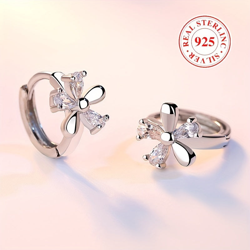 Women's Silver Hoop Earrings with Flower Design and Zirconia Inlay for Party and Wedding