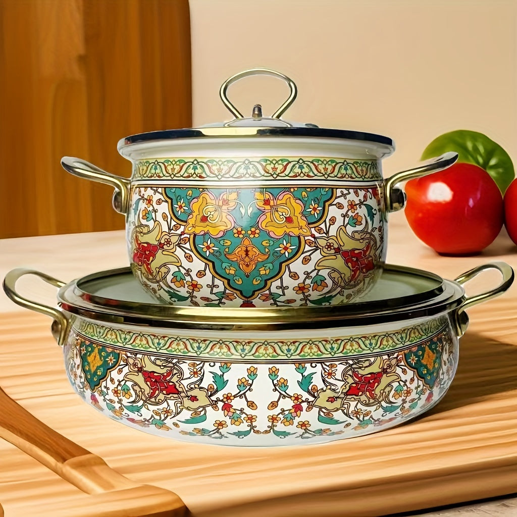 Vintage Enamel Stockpot 30cm Shallow Soup Pot with Lid Handle Induction Compatible