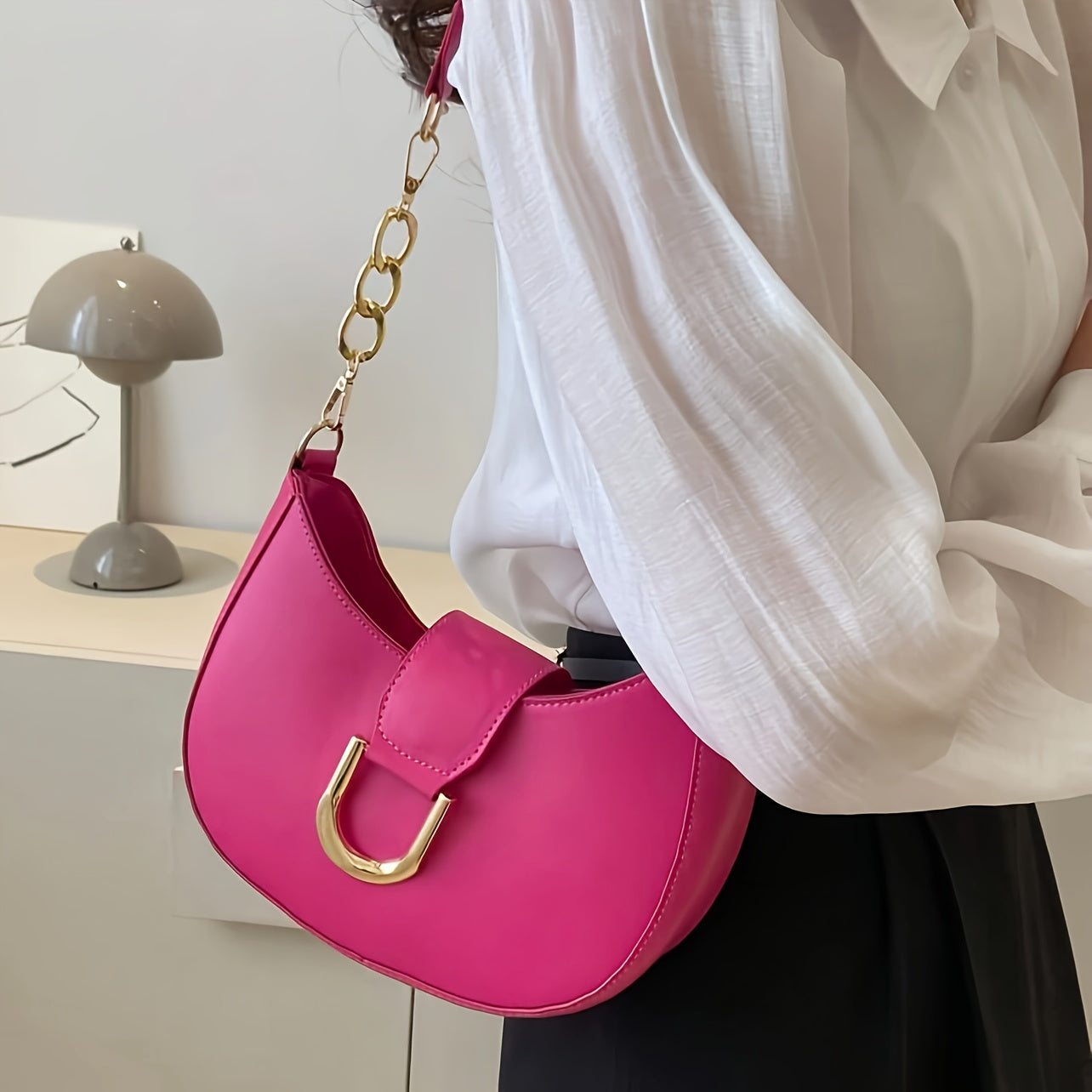 Women's Crescent Shoulder Bag with Gold Hardware Solid Color PU Crossbody Bag