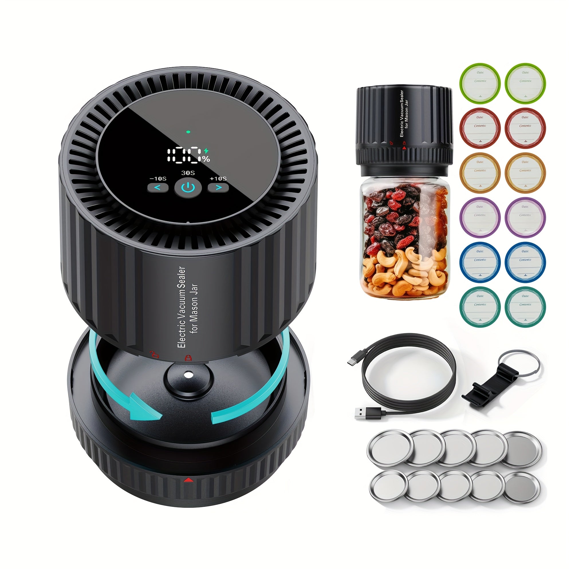 2025 yilda eng so'nggi elektrli Mason bankasi vakuum yopishtiruvchi to'plami kuchli yopishtirish va sirpanmaydigan dizaynga ega. 10 ta qo'shimcha qopqoq va 12 ta yorliq bilan, qulay vakuum uchun bitta bosish bilan ishlash imkoniyatiga ega.