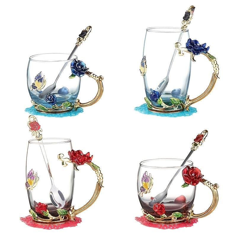 Enamel Crystal Tea Cup with Butterfly and Rose Design Includes Spoon Clear Glass
