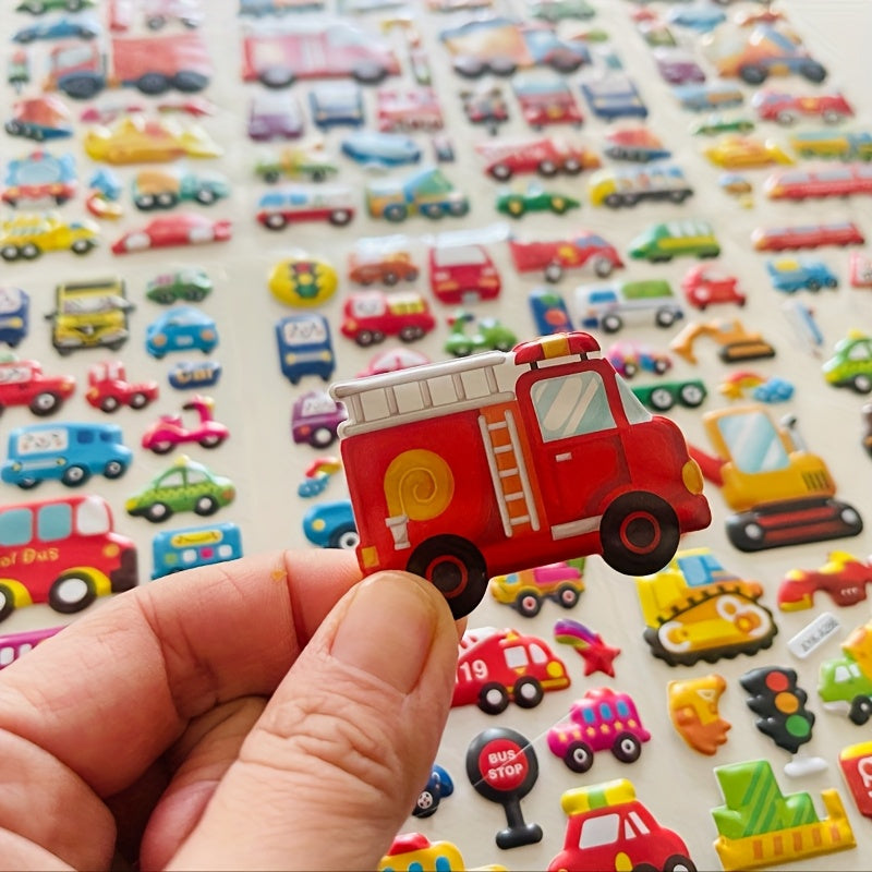 Set of 8 Cartoon Vehicle Stickers with 3D Stereoscopic Cars Fire Trucks and Excavators for Kids