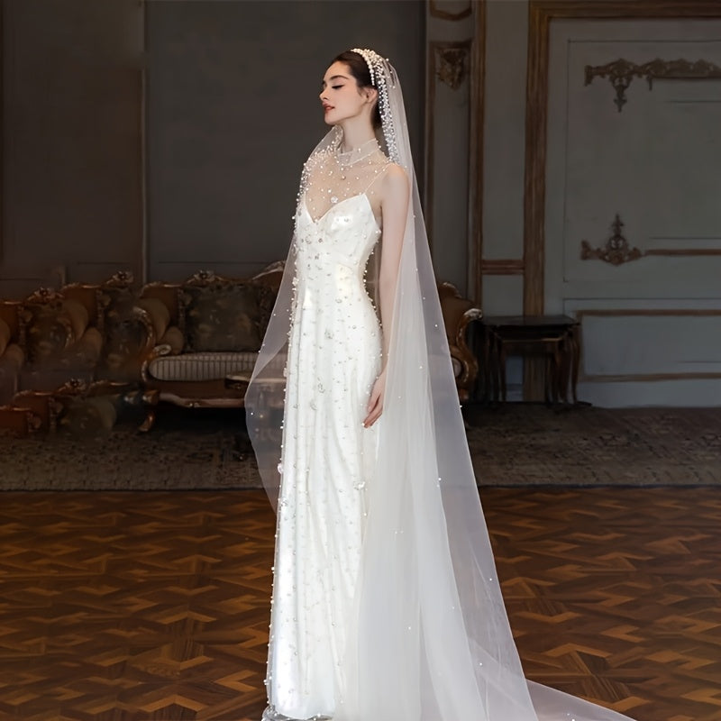 Bridal Veil Long Train Beaded Detail Polyester Wedding Accessory