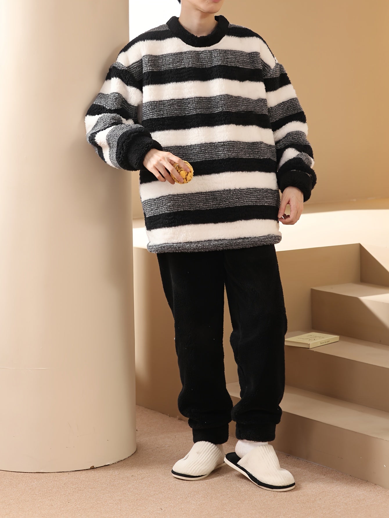 Men's Flannel Pajama Set with Striped Top and Loose Pants for Winter Lounge