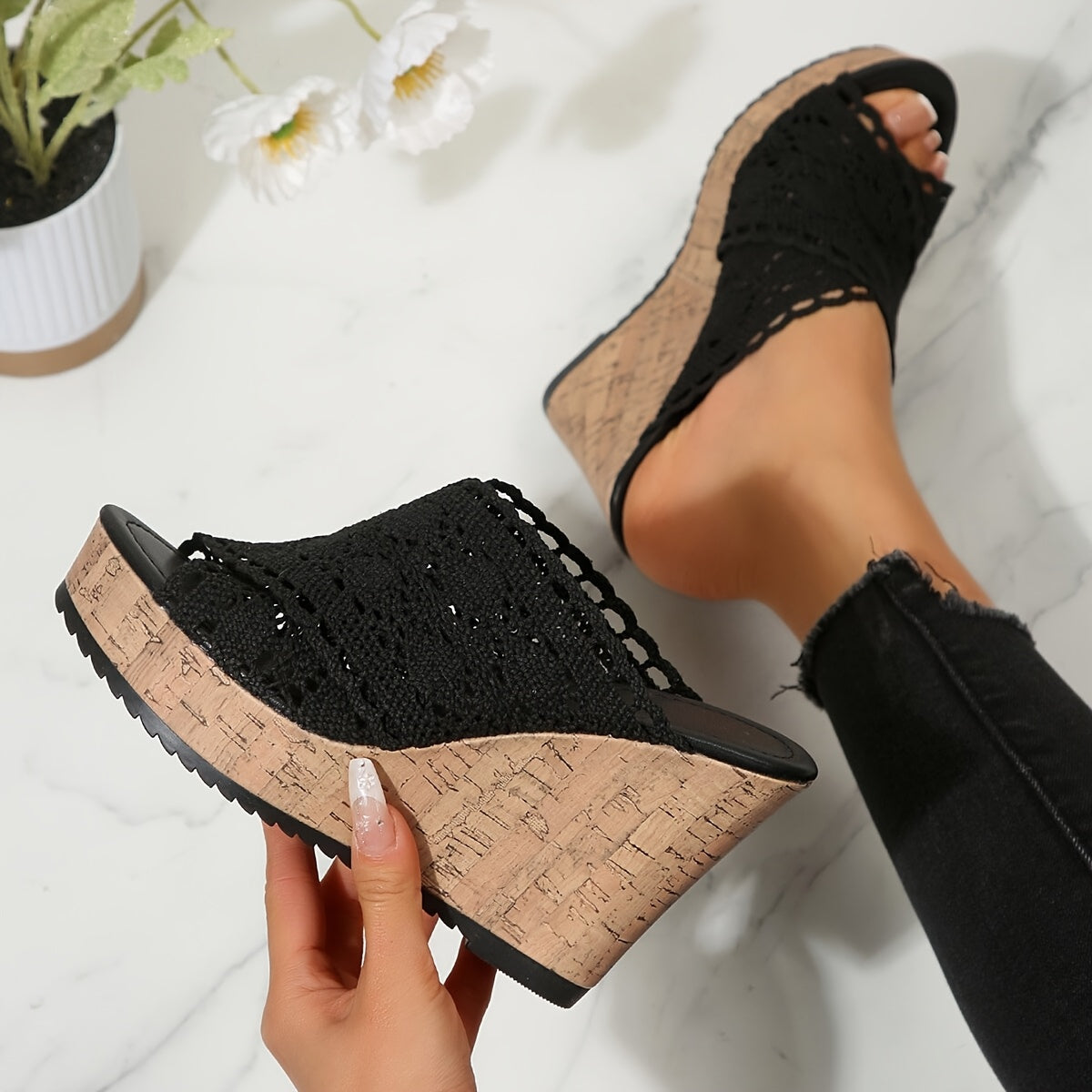 Women's Black Lace-Up Platform Shoes with Wooden Sole and Peep Toe