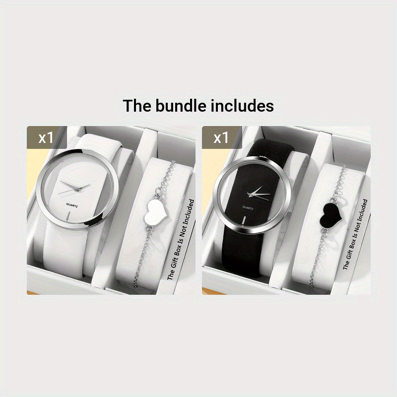 2 ta ayollar modasi soatlari to'plami, bo'sh dizayni bilan, kvarts mexanizmi, PU charm bilan yurak bilagti