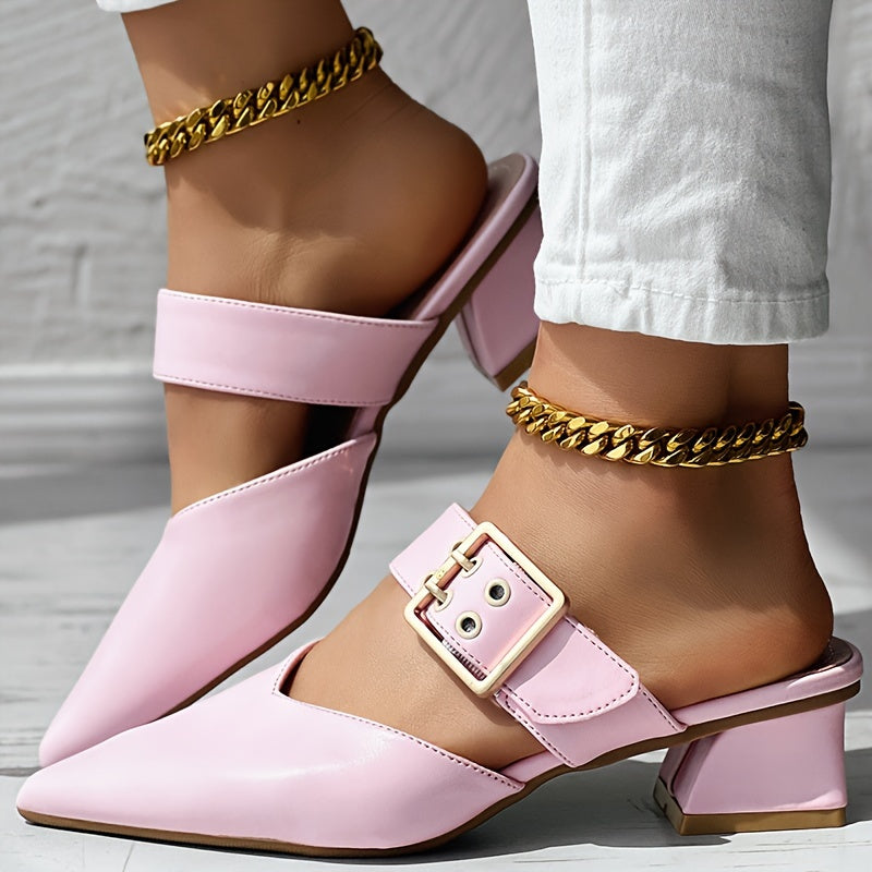 Women's Solid Color Mary Jane Shoes with Block Heel and Buckle Closure