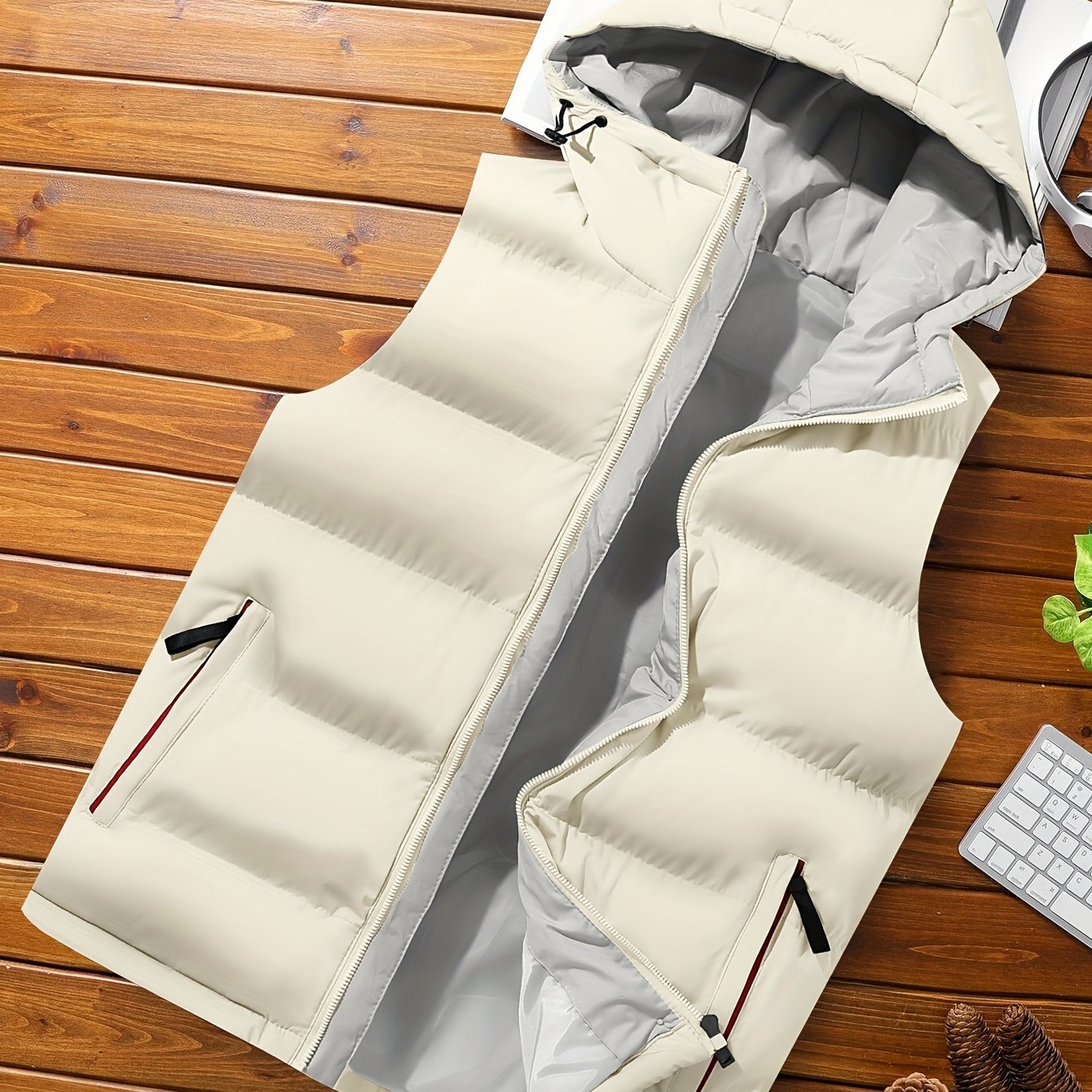 Erkaklar uchun zaytun yashil kapüşonli jilet, fermuarlı cho'ntaklar bilan, yengsiz, mashinada yuvish mumkin bo'lgan polyester, kuz/qish uchun ideal.