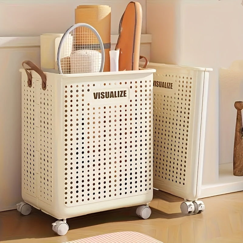 White Ceramic-Style Laundry Basket with Wheels Large Capacity Ventilated Portable