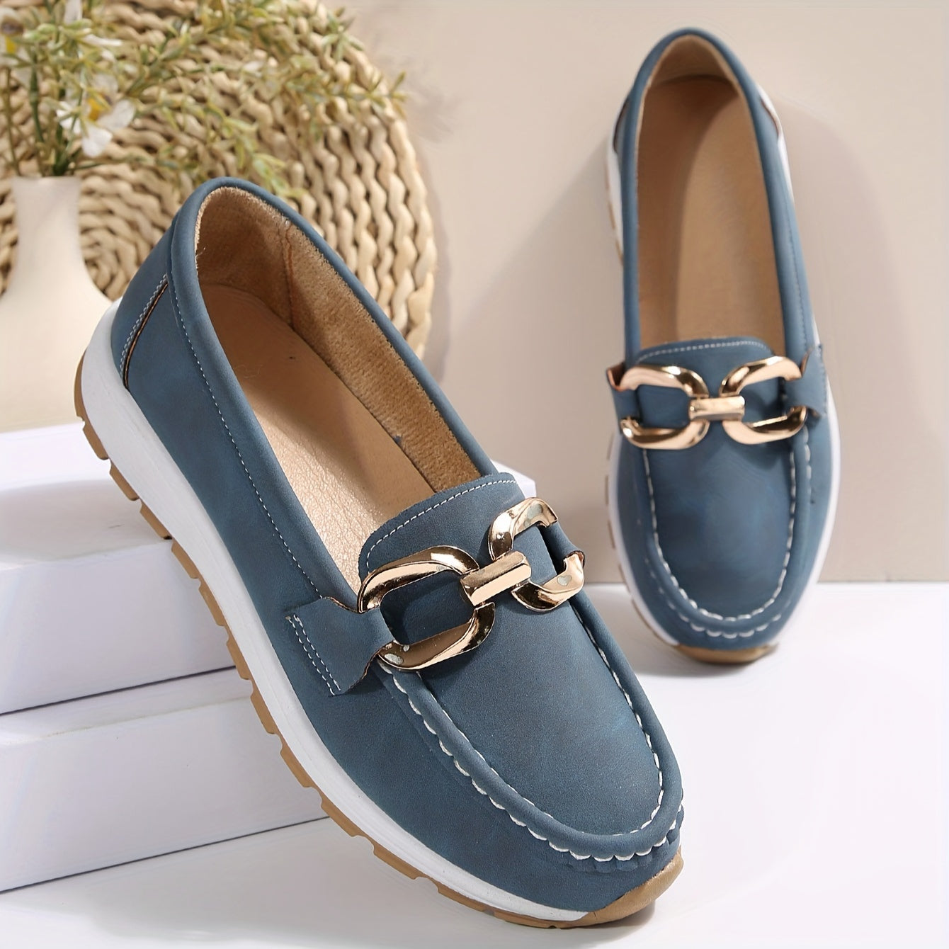 Women's Navy Blue Penny Loafers Synthetic Cover All-Season Comfort