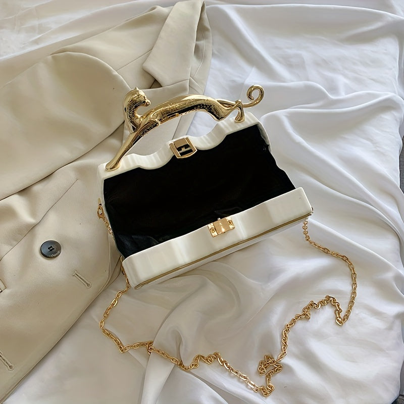 White Clutch Bag with Gold Chain Strap and Kiss Lock Closure for Daily Use