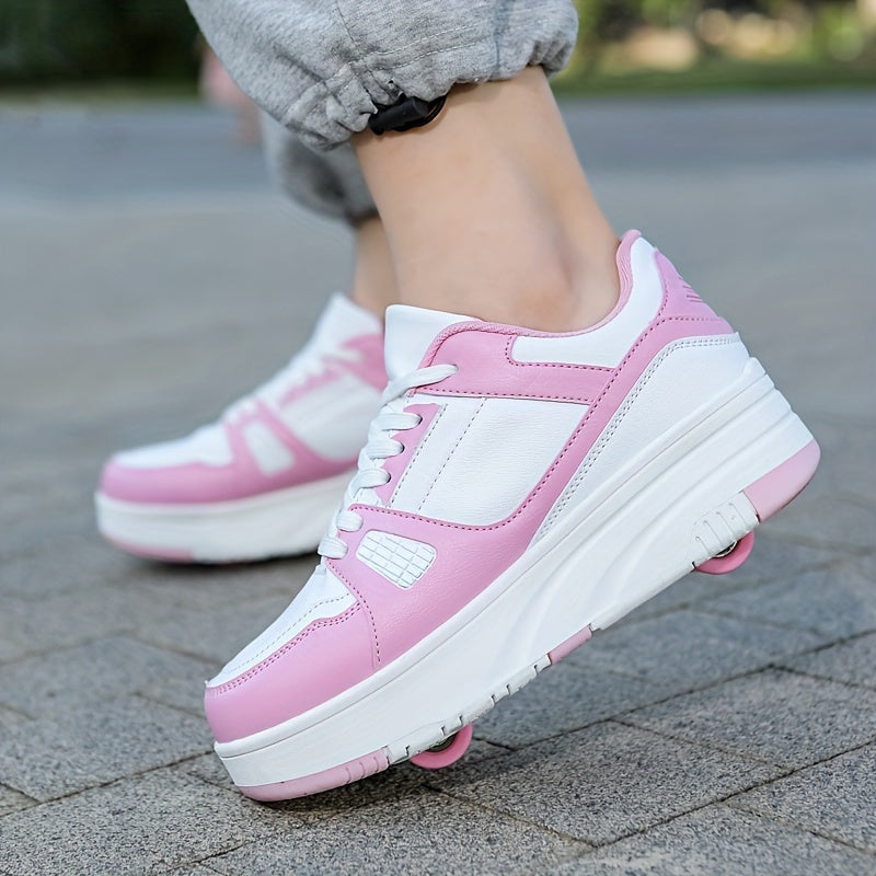 Bolalar uchun pushti va oq engil rulonli skeytlar, olib tashlanadigan g'ildiraklar va lentalar bilan dizayni