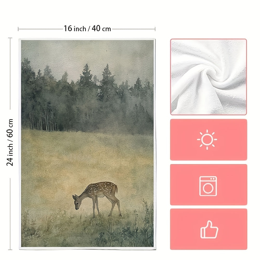Ikki ultra yumshoq oshxona sochiqini tinch yaylov va kiyik dizayni bilan oling. Ushbu juda singdiruvchi polyester idish qo'l sochiqlari mashinada yuvilishi mumkin va o'lchamlari 40.64x60.96 sm. Ular bayram bezaklari uchun juda mos keladi.