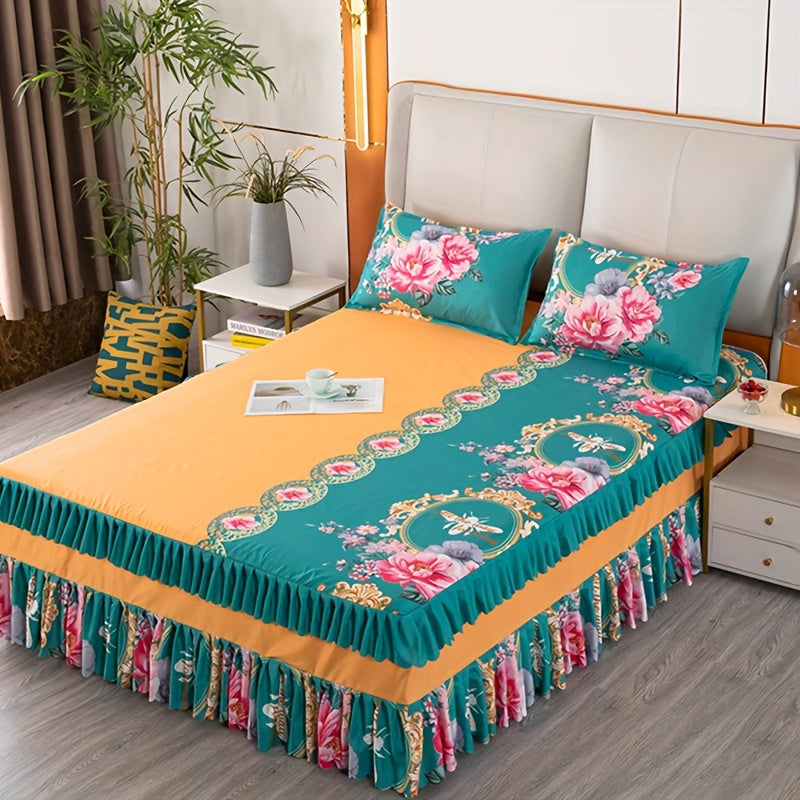 Traditional Chinese Peony Floral Bed Skirt with Lucky Bee Accents 100% Polyester