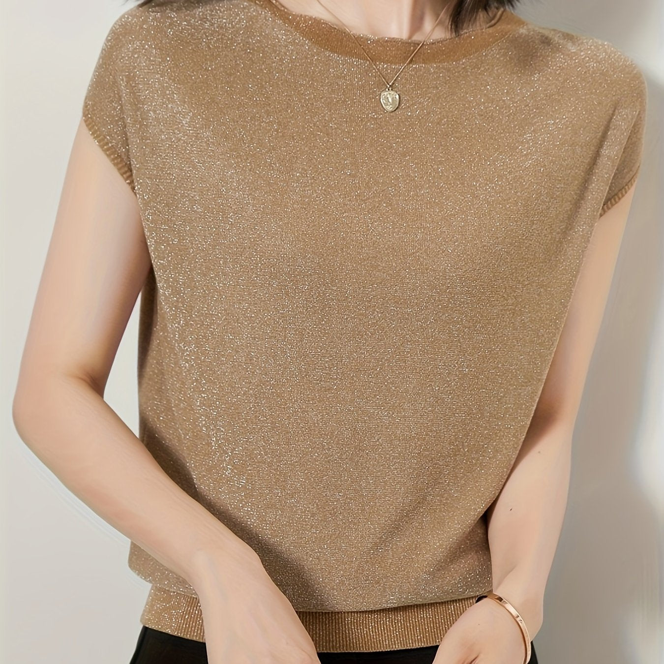 Loose Knit Sweater with Metallic Threads Crew Neck Casual Viscose Polyester Solid Color All Season