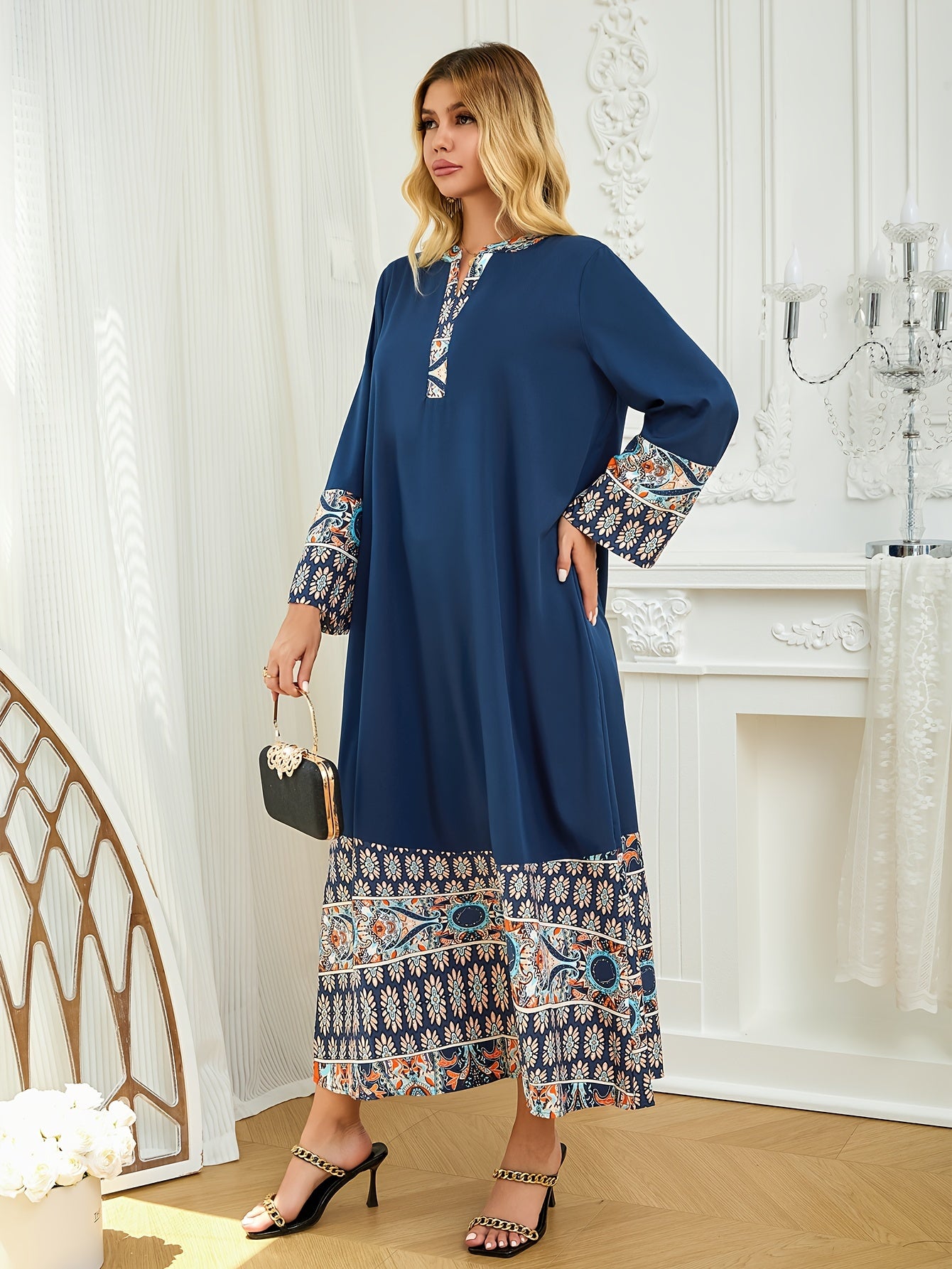 Muslim Abaya Dress with Paisley Floral Design Long Sleeves Asymmetrical Hem Hijab Polyester