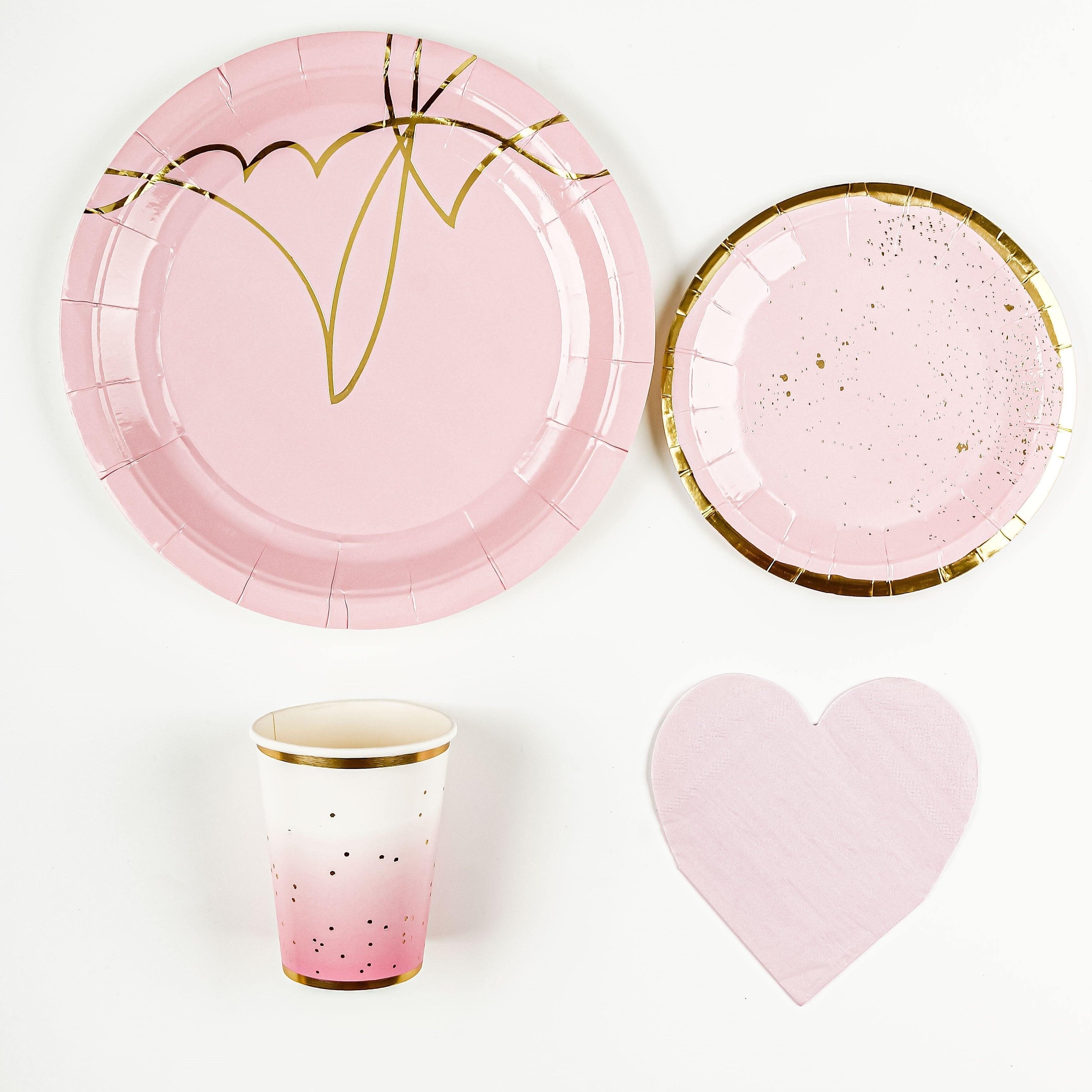 Set of 8 to 16 Pink and Gold Foil Polka Dot Disposable Cutlery Plates Cups with Heart Napkins for Parties Weddings Holidays