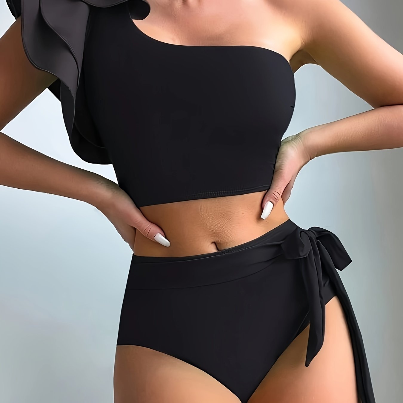 Conjunto de tankini de una pieza con capa de alta elasticidad y volantes para mujer