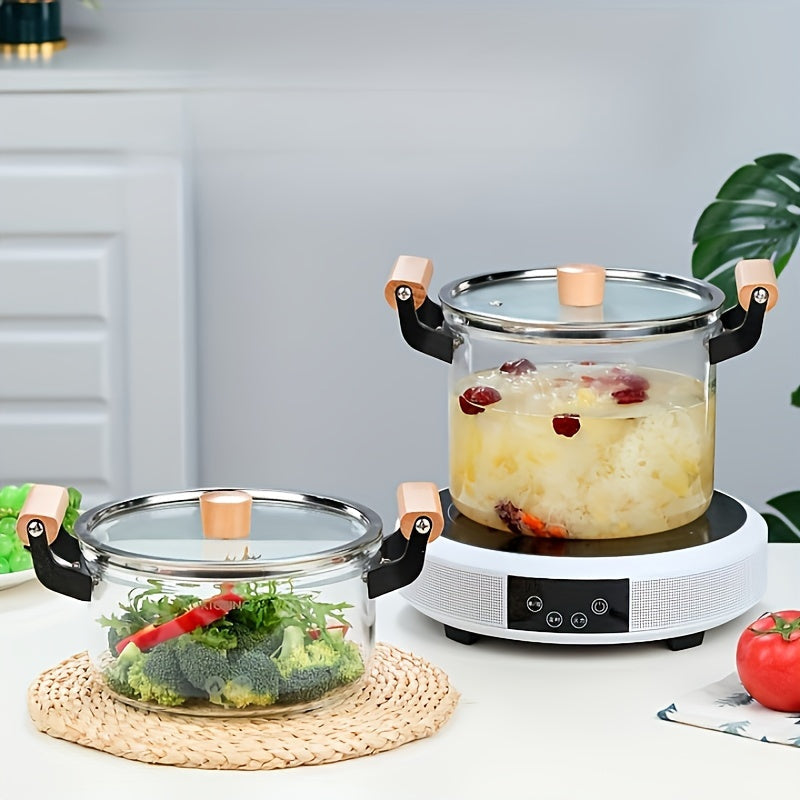 Transparent Glass Soup Pot with Lid and Wooden Handles for Easy Cleaning